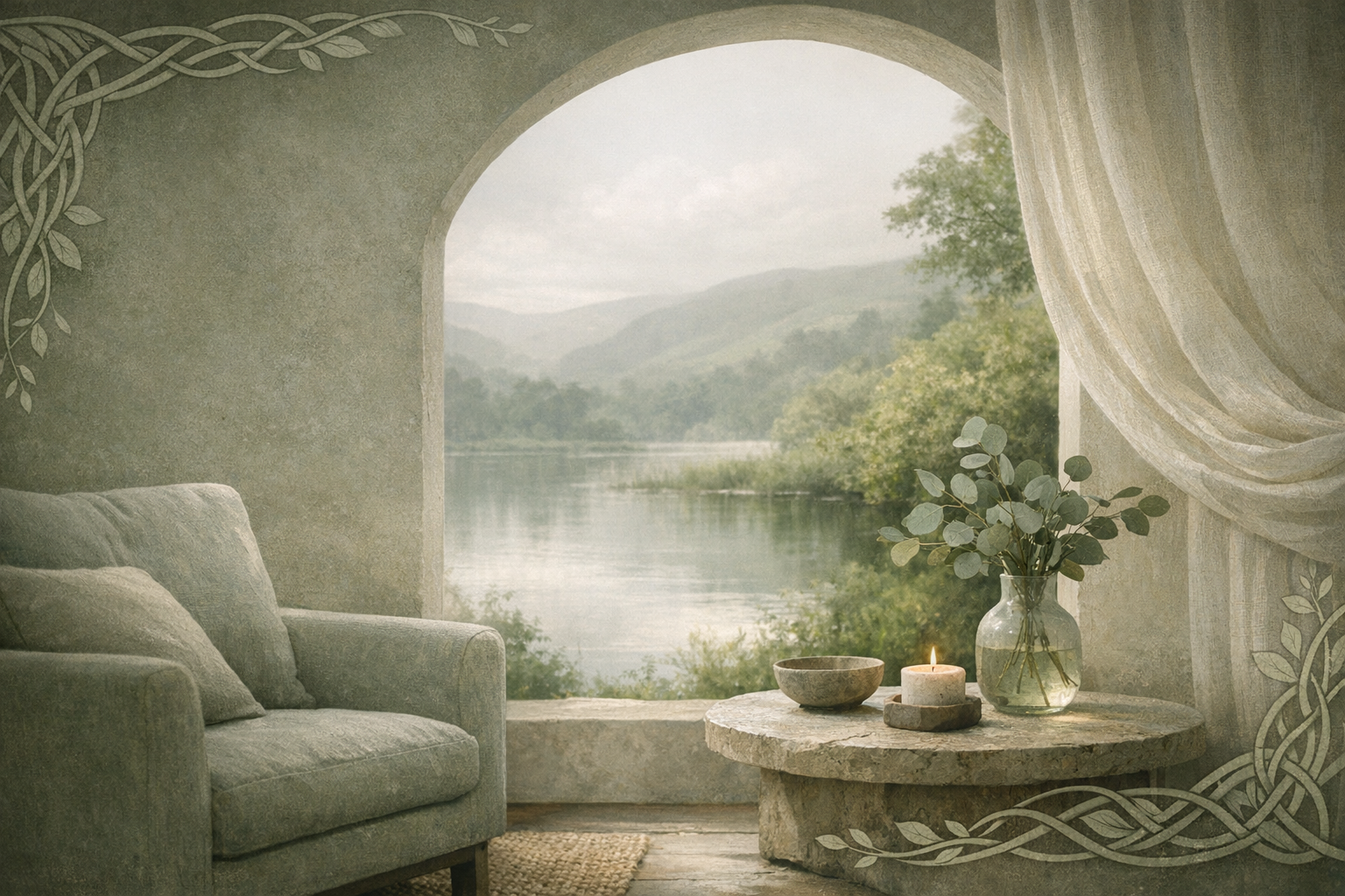 Calm therapeutic room looking out over peaceful landscape